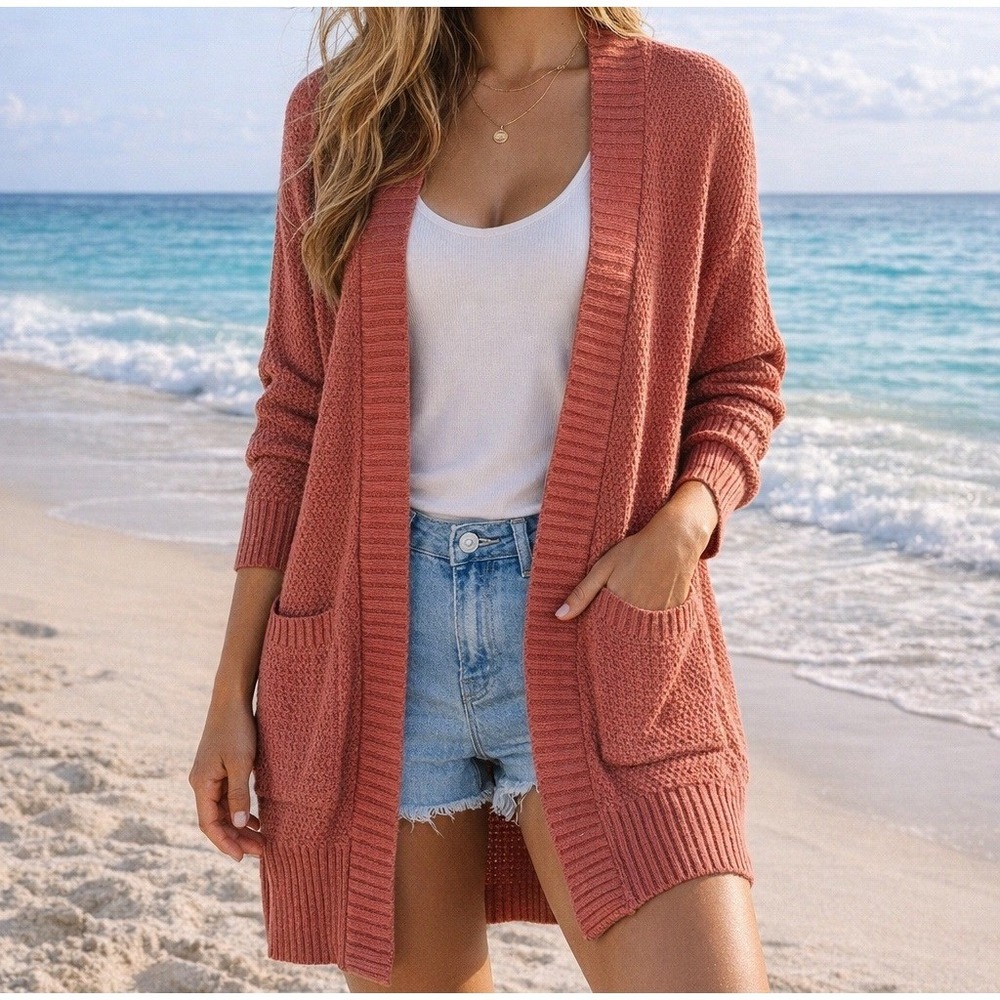 Pink Rose Long Cardigan Sweater Sz L Terracotta Coral Open Front Pockets NWT